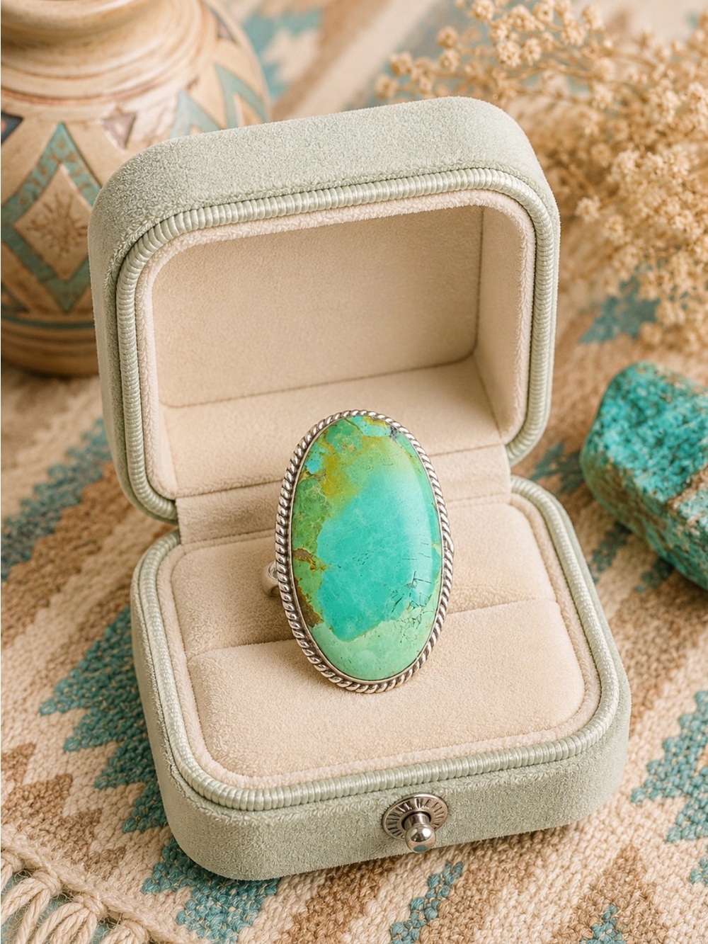 Ring Genuine Turquoise Oval 925 Sterling Silver Statement Bold Chunky Boho